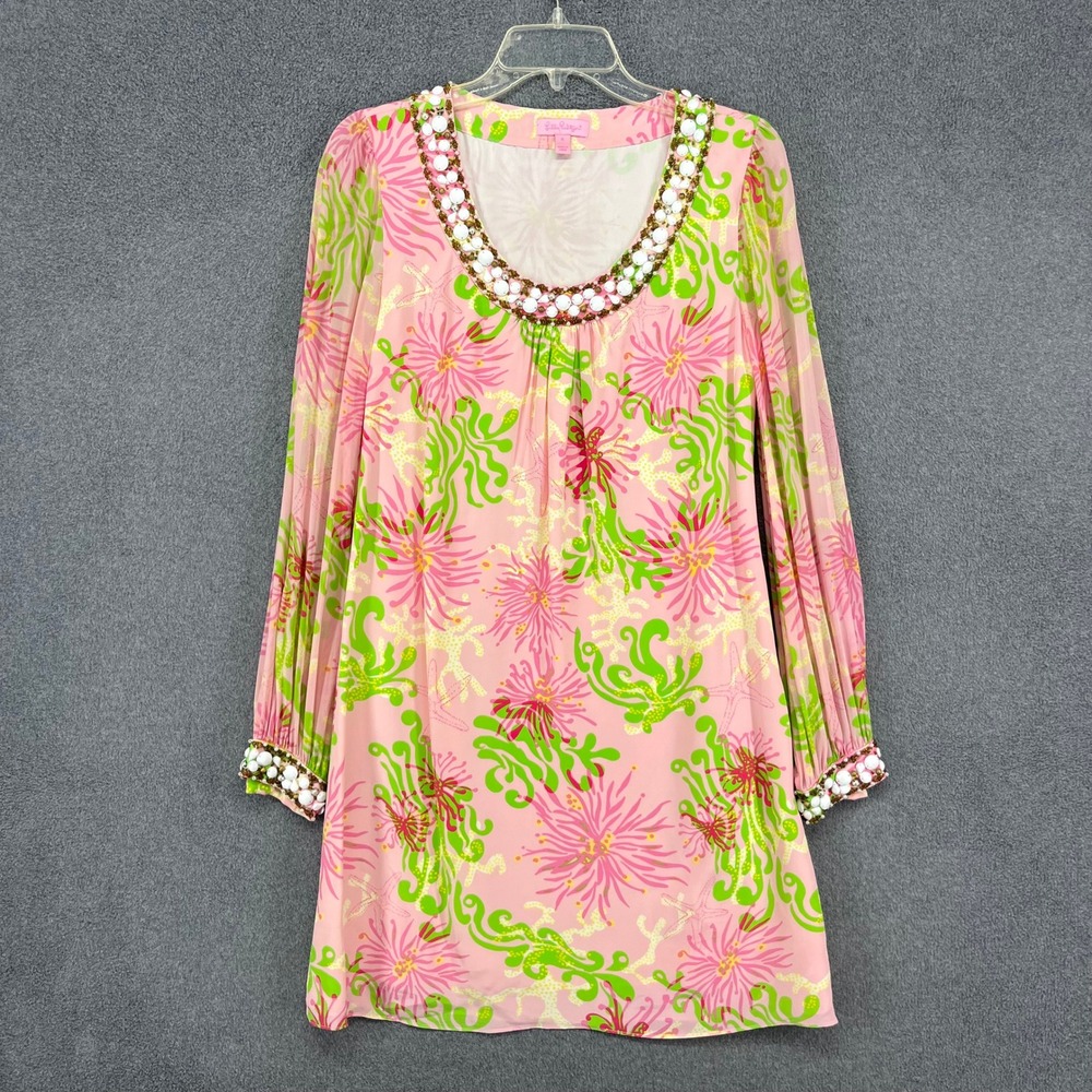 Lilly Pulitzer Silk Shift Dress Womens 6 Pink Floral Beaded Coral‎ Resortwear